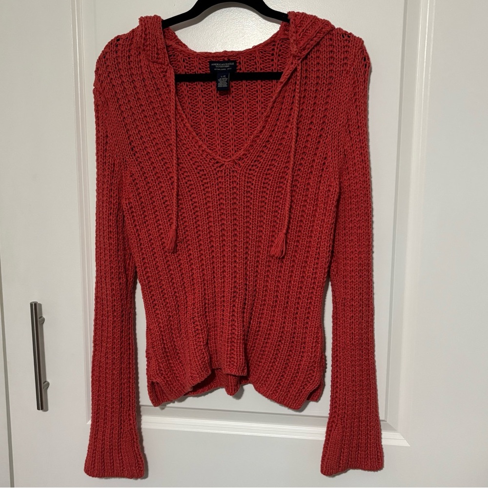 Womenβs Coral red, long-sleeved, hooded, knit sweater from American Eagle